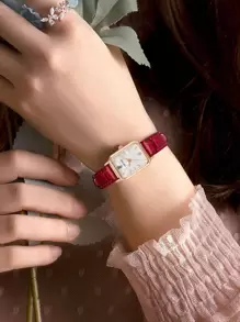 LUCKYFOX 1pc Women Red Crocodile Embossed PU Polyurethane Strap Casual Square Dial Quartz Watch, For Daily Life As A Gift For Students Returning To School