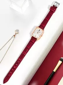LUCKYFOX 1pc Women Red Crocodile Embossed PU Polyurethane Strap Casual Square Dial Quartz Watch, For Daily Life As A Gift For Students Returning To School