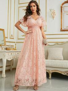 Butterfly Sleeve Lace Dress - Baby Pink - View 3