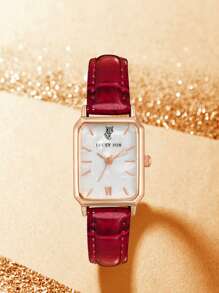 LUCKYFOX 1pc Women Red Crocodile Embossed PU Polyurethane Strap Casual Square Dial Quartz Watch, For Daily Life As A Gift For Students Returning To School