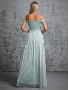 一字肩高衩伴娘洋裝 - 薄荷綠 - 查看 2