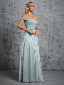 一字肩高衩伴娘洋裝 - 薄荷綠 - 查看 3