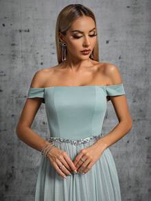 一字肩高衩伴娘洋裝 - 薄荷綠 - 查看 4