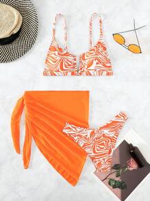 Marble Print Bikini Set With Beach Skirt - Orange - View 1