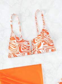 Marble Print Bikini Set With Beach Skirt - Orange - View 3