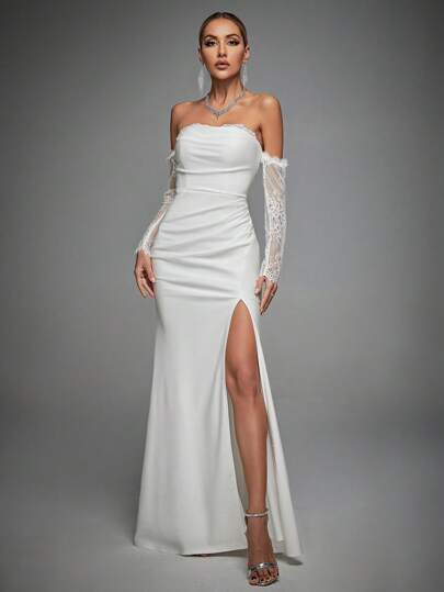 露肩蕾丝拼接开叉大腿婚纱白色优雅长袖新娘礼服，新娘