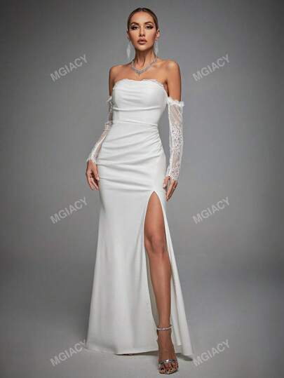 Off Shoulder Lace Panel Split Thigh Wedding Dress White Elegant Long Sleeve Bridal Dress,Bride