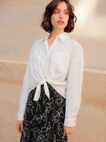 SHEIN Frenchy Drop Shoulder Knot Hem Shirt - White - View 4