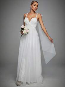 Contrast Mesh Wedding Dress - White - View 1