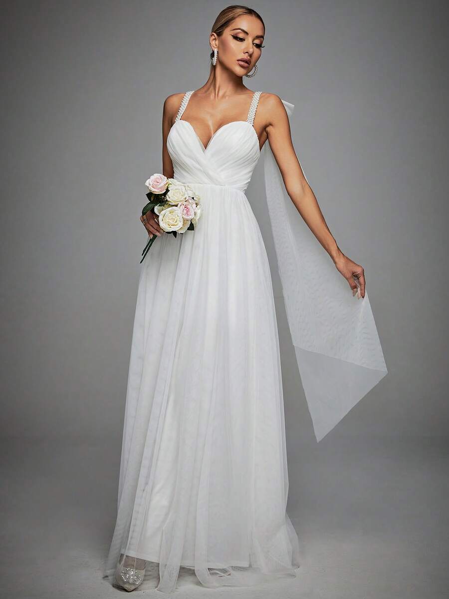 Contrast Mesh Wedding Dress - White - View 1