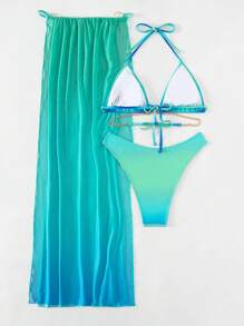Swim SXY Summer Beach Ombre Halter Triangle Bikini Set With Beach Skirt - Multicolor - View 3