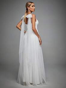 Contrast Mesh Wedding Dress - White - View 2