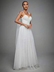 Contrast Mesh Wedding Dress - White - View 3