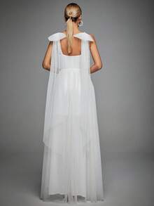 Contrast Mesh Wedding Dress - White - View 4