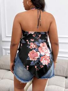 SHEIN LUNE Plus Floral Print Tie Backless Hanky Hem Halter Top - Black - View 2