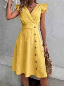 Breezaya Đầm Xù Trọn gói Nút phía trước màu trơn Giải trí - Màu vàng - Xem 1