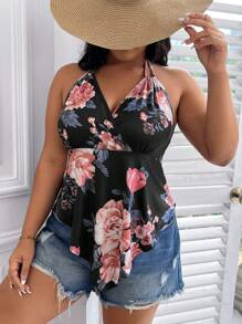 SHEIN LUNE Plus Floral Print Tie Backless Hanky Hem Halter Top - Black - View 5