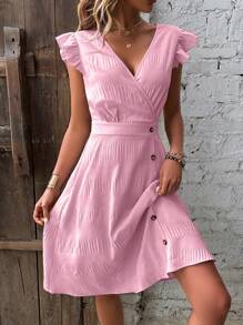 SHEIN VCAY 交疊領荷葉邊紐扣細節洋裝