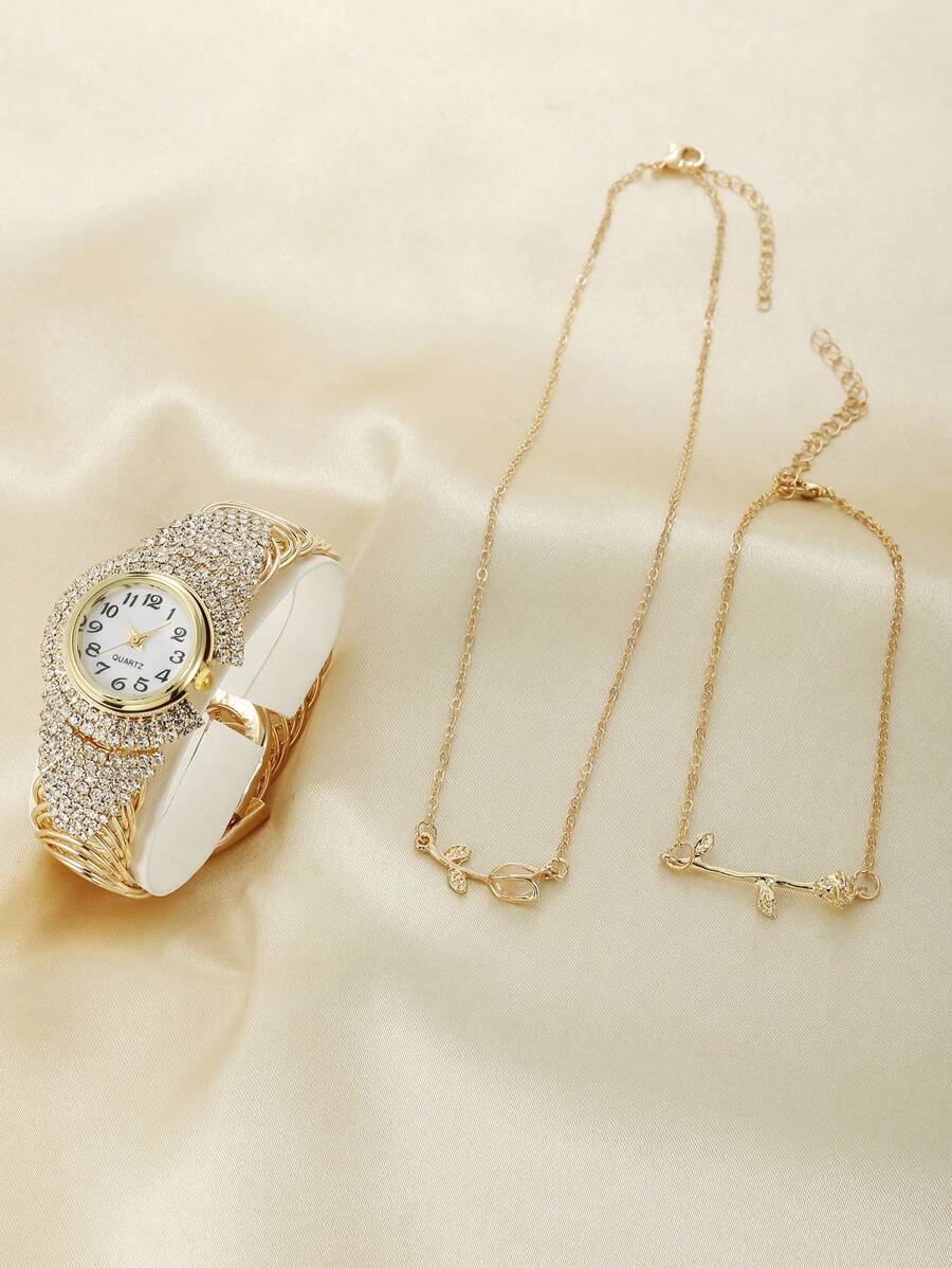 1入組女性金色水鑽裝飾不銹鋼帶魅力四射圓形錶盤石英表和2入組花朵裝飾首飾類適用於日常 - 金色 - 查看 1