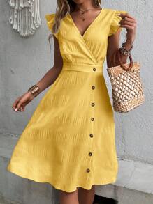 Breezaya Đầm Xù Trọn gói Nút phía trước màu trơn Giải trí - Màu vàng - Xem 7