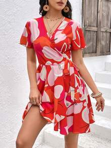 SHEIN VCAY Allover Print Knot Side Wrap Dress - Multicolor - View 2