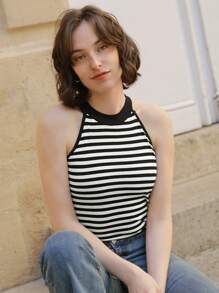 SHEIN Frenchy 條紋印花掛脖上衣 - 黑與白 - 查看 1