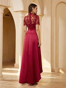 Contrast Lace High Low Hem Satin Formal Dress - Burgundy - View 2