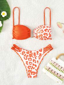 豹紋印花鏤空比基尼泳裝 - 橘色 - 查看 1