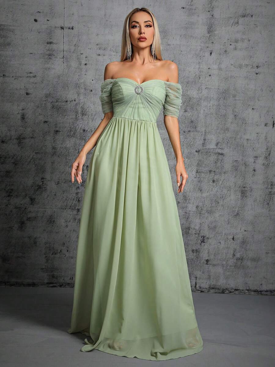 Off Shoulder Ruched Bust Lace Bridesmaid Dress - Green - View 1