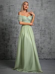 Off Shoulder Ruched Bust Lace Bridesmaid Dress - Green - View 5