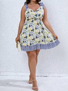 SHEIN Clasi Đầm Plus Size Thắt nút Viên lá sen Hoa Sọc Boho - Nhiều màu - Xem 3