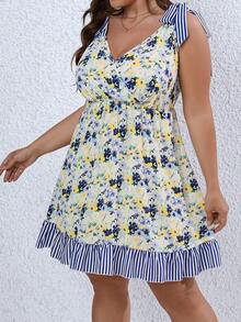 SHEIN Clasi Đầm Plus Size Thắt nút Viên lá sen Hoa Sọc Boho - Nhiều màu - Xem 6