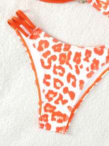 豹紋印花鏤空比基尼泳裝 - 橘色 - 查看 3