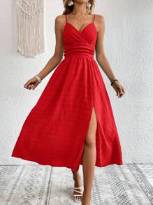 SHEIN VCAY 素色高衩吊帶連衣裙 - 紅色 - 查看 5