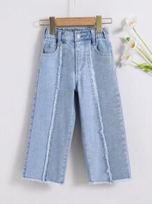 SHEIN 年輕女孩簡約剪裁筆直褲管牛仔褲 - 淺色水洗藍 - 查看 1