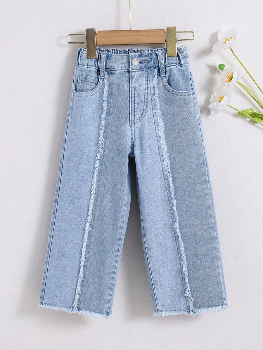 SHEIN 年輕女孩簡約剪裁筆直褲管牛仔褲 - 淺色水洗藍 - 查看 1