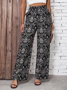 EMERY ROSE Pantalones de pierna ancha con estampado barroco - Blanco y Negro - Ver 6