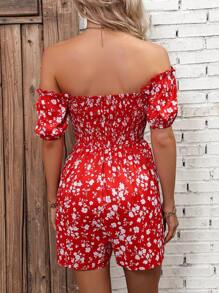 SHEIN VCAY 印花一字肩褶邊連身短褲 - 紅色 - 查看 4