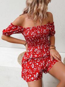 SHEIN VCAY 印花一字肩褶邊連身短褲 - 紅色 - 查看 6