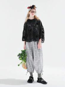 Blusa unicolor aplique de hombros caídos - Negro - Ver 1