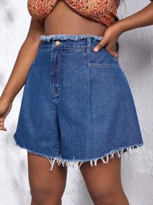 SHEIN SXY Plus Raw Trim Wide Leg Denim Shorts - Dark Wash - View 3