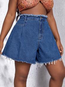 SHEIN SXY Plus Raw Trim Wide Leg Denim Shorts - Dark Wash - View 4