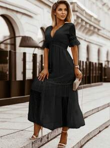 圓點荷葉袖荷葉邊洋裝 - 黑色 - 查看 1