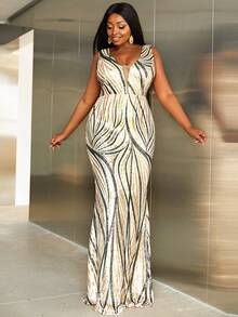 seomiscky 大碼深V領亮片魚尾裙下擺正式連衣裙 - 米色 - 查看 6