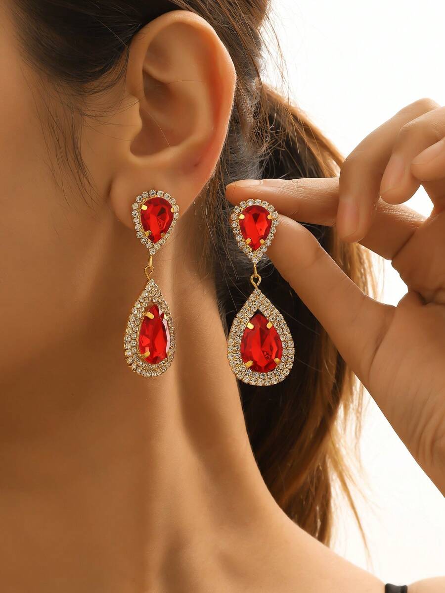 1雙法式時尚人造水晶水滴形狀耳墜帶水鑽裝飾用品適用於女士花樣派對 - 紅色 - 查看 1
