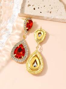 1雙法式時尚人造水晶水滴形狀耳墜帶水鑽裝飾用品適用於女士花樣派對 - 紅色 - 查看 2