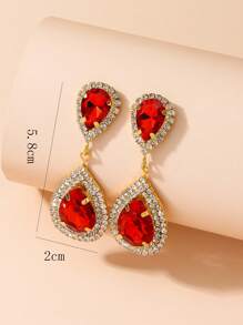 1雙法式時尚人造水晶水滴形狀耳墜帶水鑽裝飾用品適用於女士花樣派對 - 紅色 - 查看 3