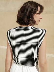 SHEIN Frenchy Striped Print Shoulder Pad Tank Top - Black and White - View 5