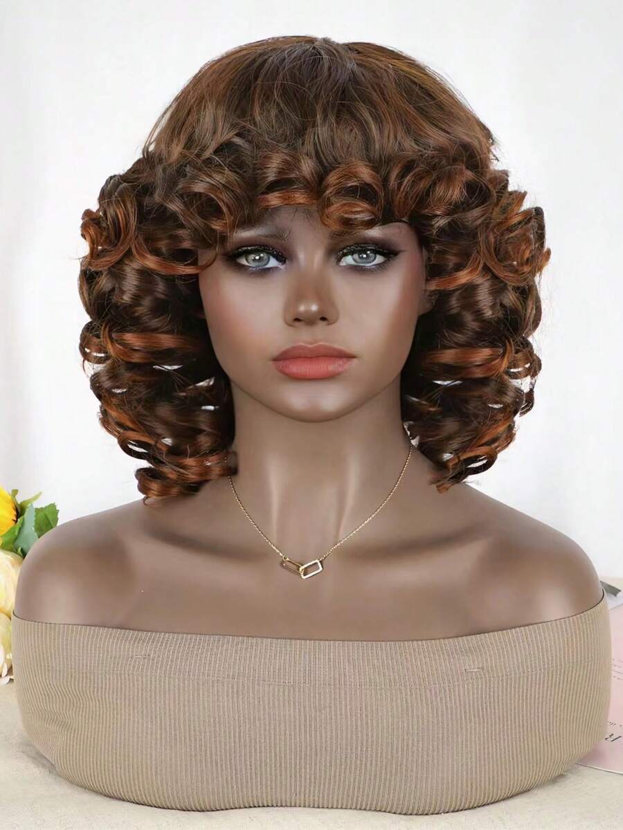 Tóc Giả Tổng Hợp Xoăn Ngắn Có Bangs - Màu dương cầm - Xem 1