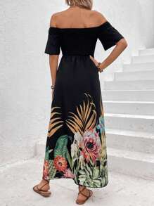 SHEIN Holidaya 熱帶圖案一字肩高衩連衣裙 - 黑色 - 查看 2